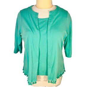Quacker Factory Cardigan Shirt Women's 1X Turquoise Silver Beaded 3/4 Sleeve
